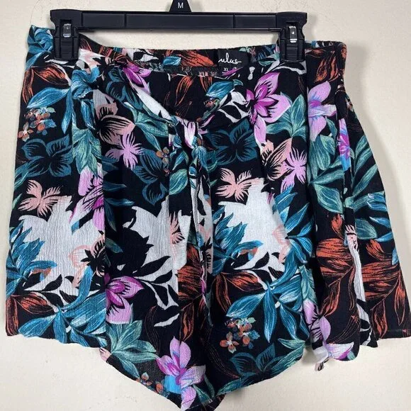 Lulus Waialae Gardens Black Tropical Print Tie-Front Shorts XL - Picture 1 of 5